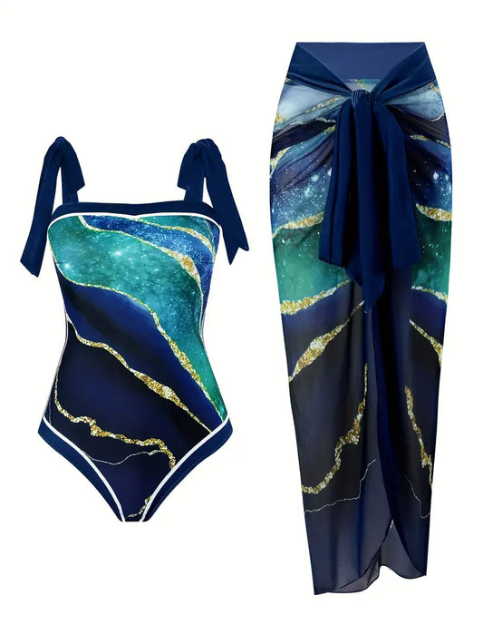 Martina® | Elegant swimsuit & skirt with marble print in one piece