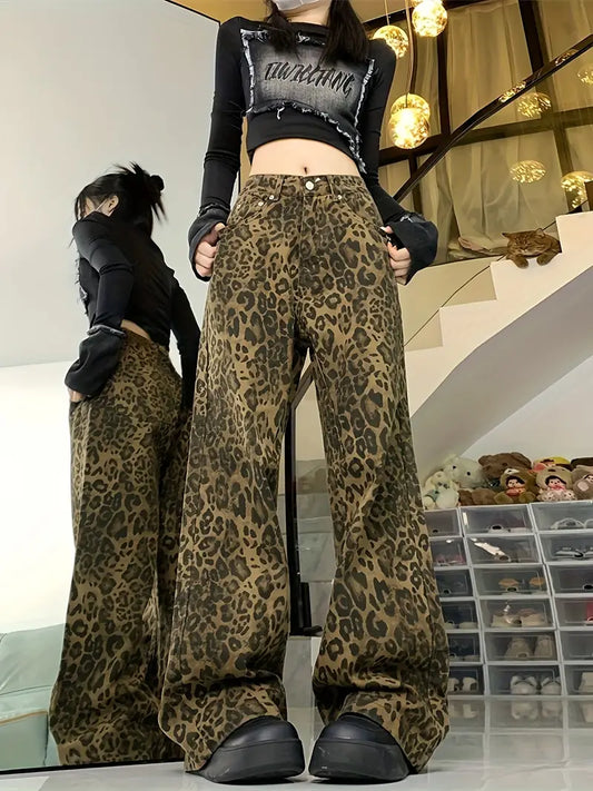 Conie | Leopard Print Chic Baggy Jeans
