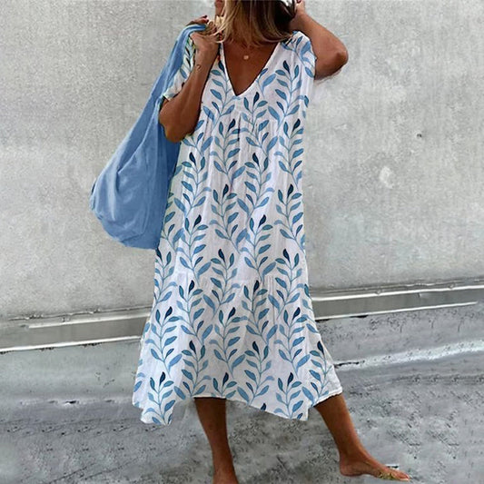 Blue watercolor short-sleeved white midi dress