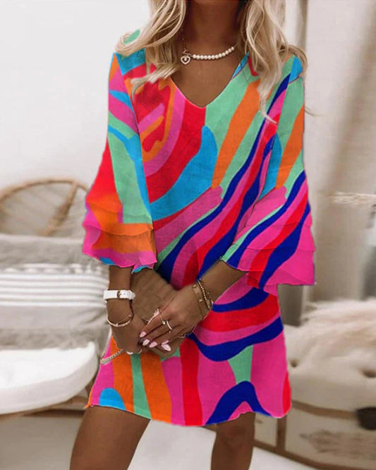 Feliz® | Multicoloured printed dress with bell sleeves
