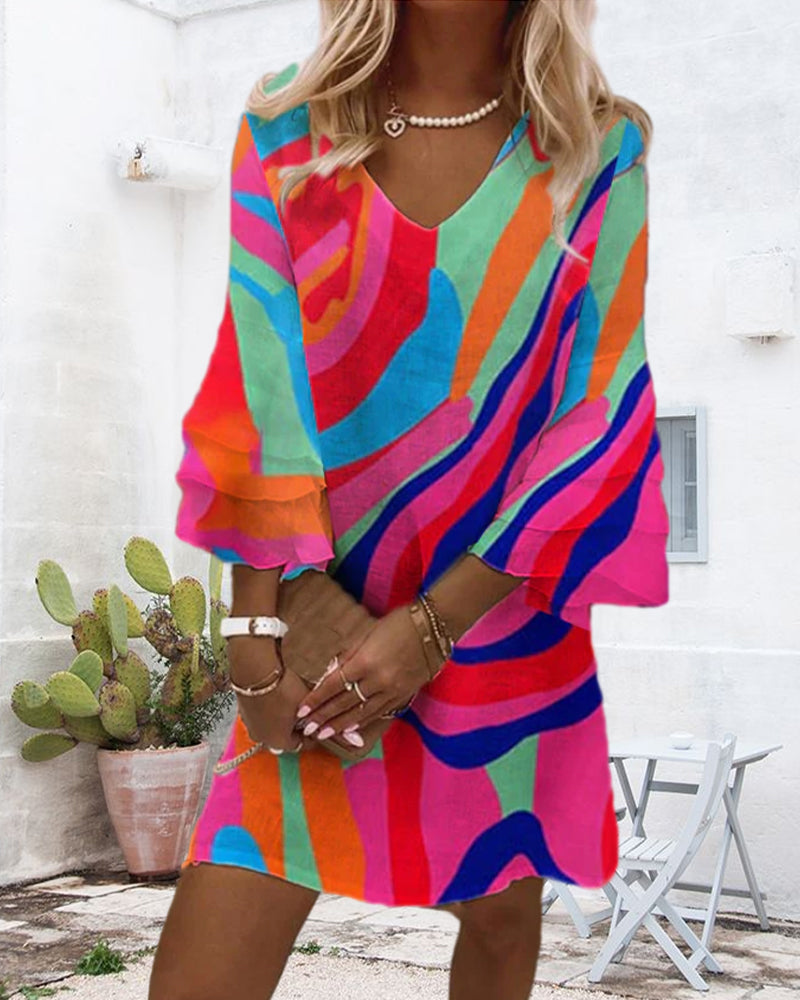 Feliz® | Multicoloured printed dress with bell sleeves