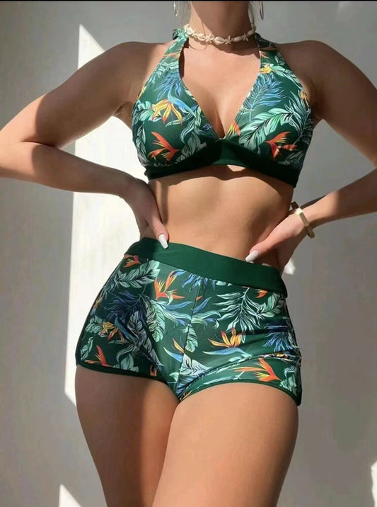 Julie| Women's Fashion Leaf Print Strap Split Bikini Swimwear