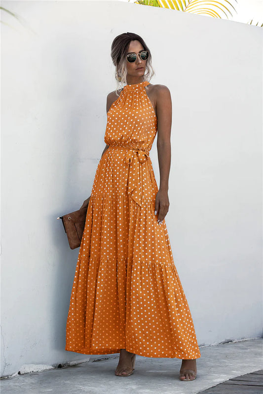 Eleanor| Color Dot Printed Halter Tied Long Dresses