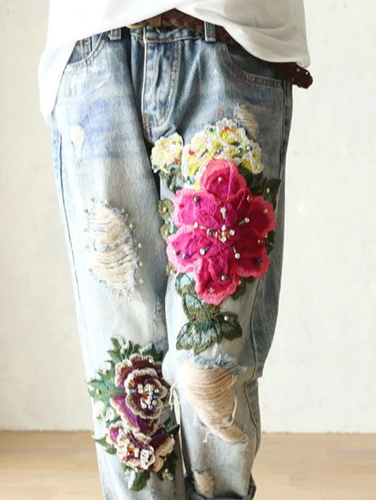 Gema|Daily Flower Embroidery Ripped Beaded Denim Jeans