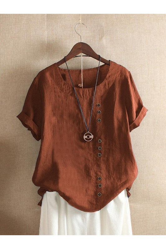 Megan| Solid Color Short Sleeve Round Neck Buttons Blouse