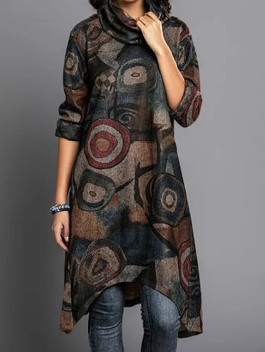 Felicia® | Graphic vintage pattern Asymmetric midi dress with long sleeves