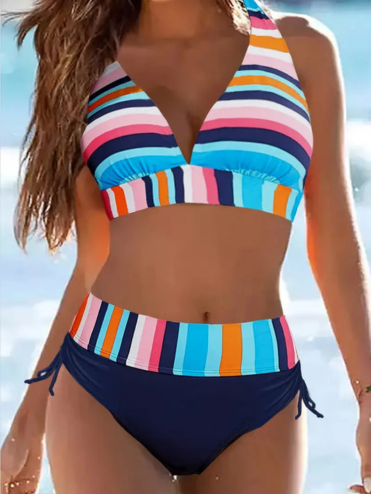Jacqueline® | Colorful stripe print halter bikini with drawstring