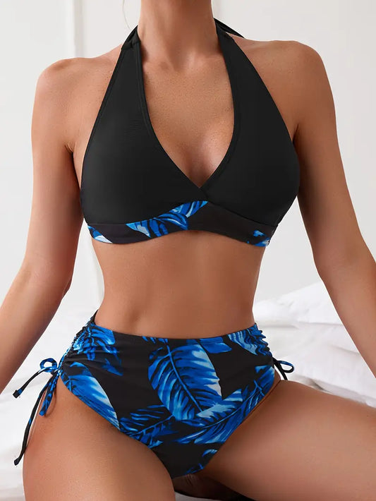 Vivien® | Stylish tropical leaf print halter bikini